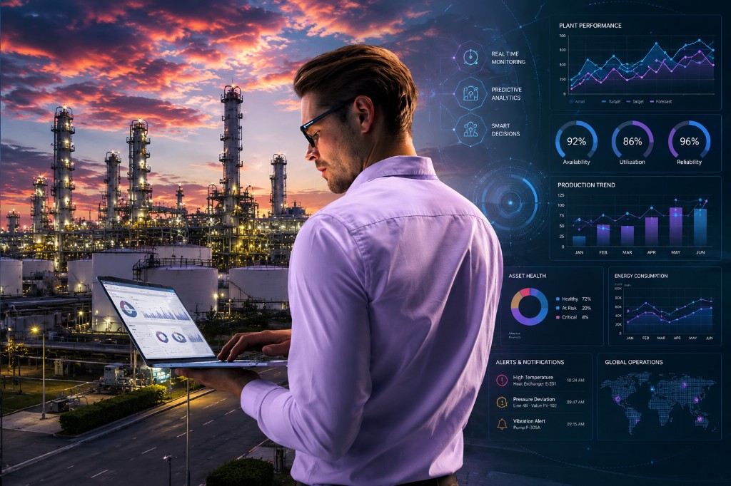 Engineer reviewing live AVEVA ERM plant analytics over an industrial facility